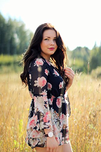 Persun Women Limited Black Floral Print Romper Playsuit With Long Flare Sleeves,Medium,Black,Black,Medium - Thumbnail 5
