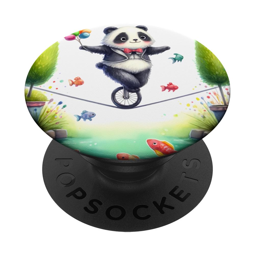 Panda Riding Unicycle On Tightrope Over Pond. Fish Skill Fun PopSockets Swappable PopGrip