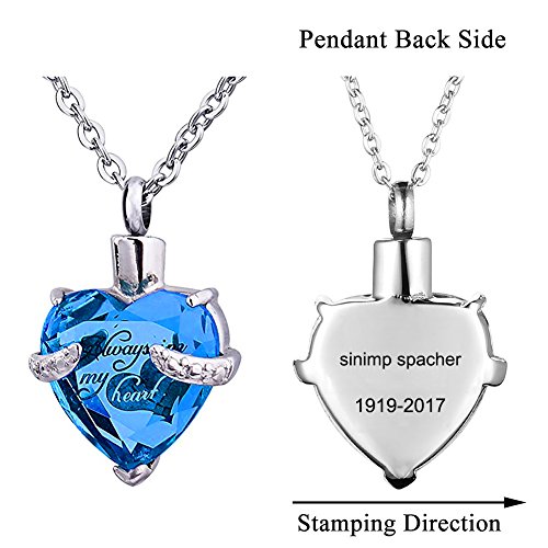 Always in My Heart 12 Birthstone Crystal Urn Necklace Heart Memorial Keepsake Pendant Ash Holder Cremation Jewelry for Ashes (Lucky-Engraving)
