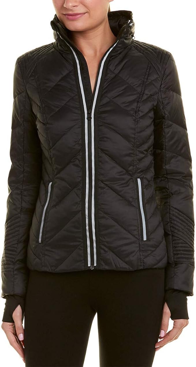 Blanc Noir Women's Puffer Jacket with Reflective Trim, Black, L at