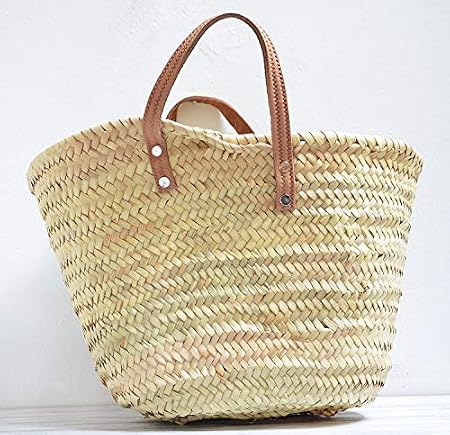 Fibras Naturales. Cesto o Bolso de Mimbre para la Playa Capazo de Palma  básico con Asas Corta de Cuero curtido rústico 7V, Aprox. 42x25 cm  Almacenamiento de cocina y despensa Hogar y