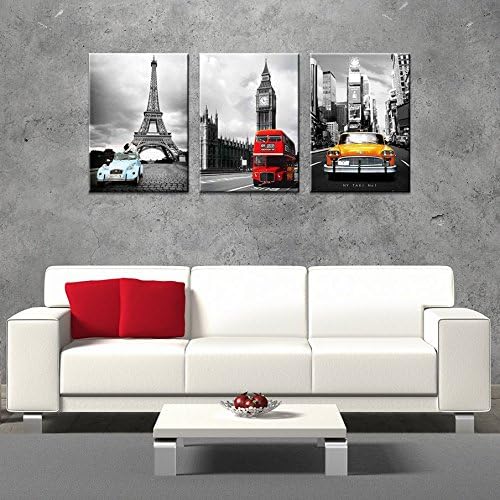 CanvasCEO NYC Paris London Eiffel Tower New York City France Europe Big Ben Car Double Decker Red Bus 3 Panel Set Wall Art Decor Canvas Framed Ready to Hang Print Fiberboard (31x24x1