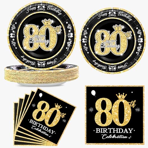algpty 60 Pcs 80th Birthday Decorations Black and Gold, Service for 30, Vintage 80th Birthday Plates and Napkins Includes Vintage 80th Dessert Plates, Napkins, 80th Birthday Party Supplies Men Women