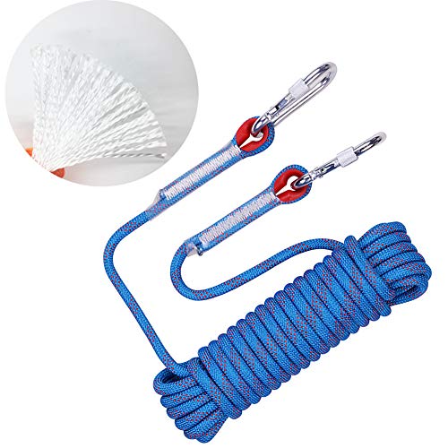 letsgood 10mm Outdoor Static Rock Climbing Rope, Safety Rope with 2 Hooks, Escape Rope Climbing Equipment Emergency Fire Rescue Parachute Rappelling Rope - 10M(32ft) 15M(49ft) 20M(64ft) (Blue, 49ft)