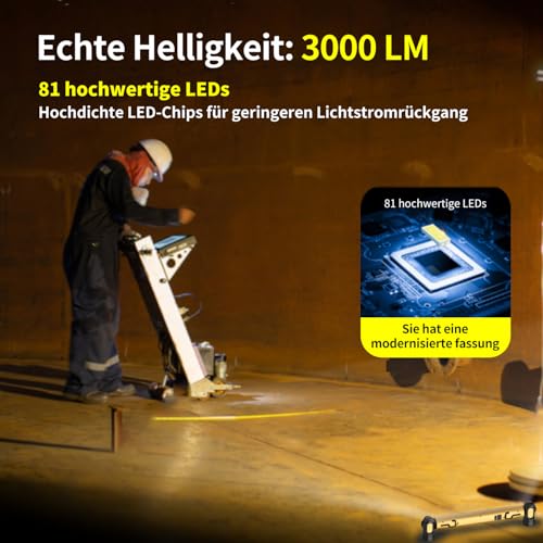 Workshop Lamp 3000LM with 3 Colour Temperatures, Work Light, LED Battery with Magnet and Hook, 5200 mAh USB-C Quick Charge, IP54 Waterproof for Car Repair, Camping, Construction Site, Garage (Yellow)