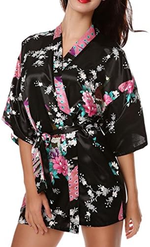 Plumsika Womens Kimono Robes Peacock and Blossoms Silk Nightwear Short Style