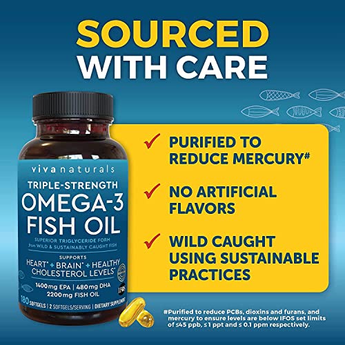 Viva Naturals Triple Strength Omega 3 Fish Oil Supplement 2200 mg Wild Caught and Sustainably