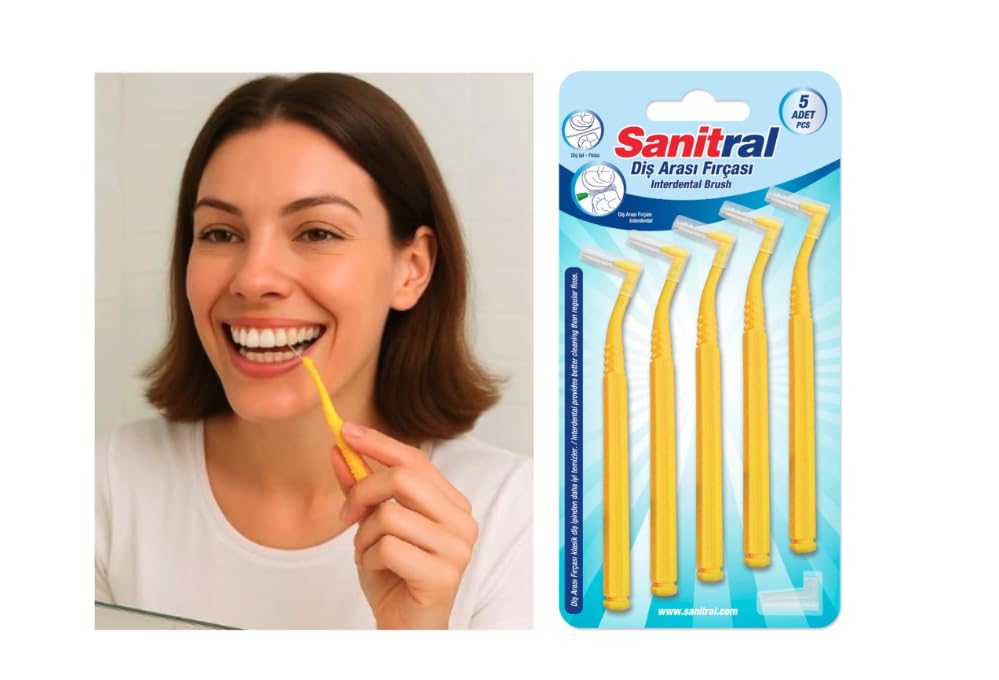 Sanitral Angle Interdental Brushes – 0.7mm (ISO Size 4) Yellow | Pack of 5 | German Steel Wire | Medium-Wide Brush for Braces, Bridges & Growing Gaps