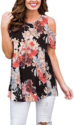 Webury Casual Swing Tunic Blouse Short Sleeve Floral Printed Cold Shoulder Tops for Women with Leggings