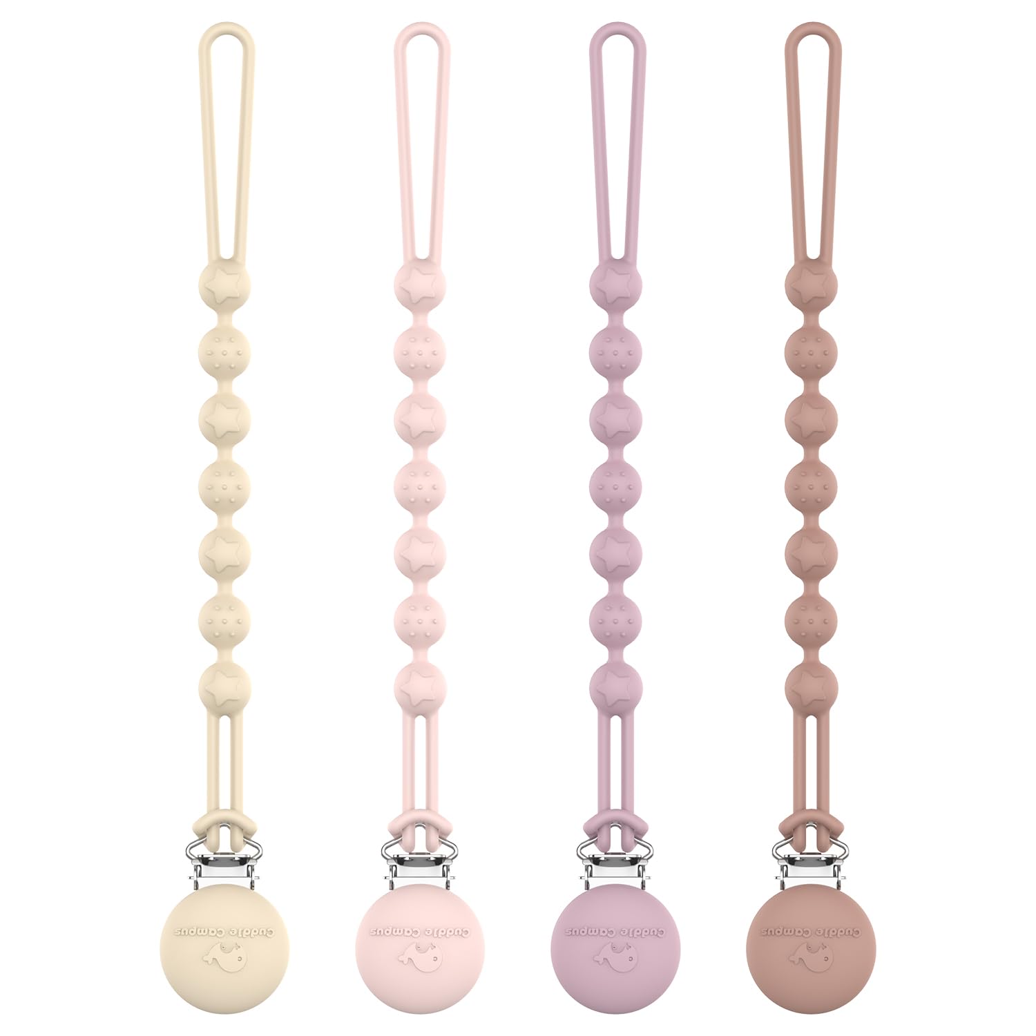 Photo 1 of Cuddle Campus Silicone Pacifier Clip Holder with One Piece Design, Pack of 4 Soft Flexible Binky Clips with Texture for Baby Boy and Girl (0-6M) Set 5
