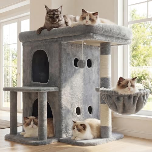 Árbol para Gatos, 65 cm de Altura, con una Plataforma Superior Extragrande, Cesta para Gatos de Dos Pisos, Rascador de Sisal, Cesta y Juguetes para Gatos, Gris Claro HCT204SW