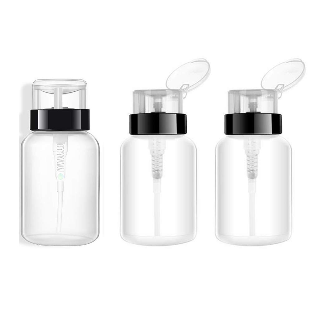 3PCS 200ml/6.8oz Empty Refill Clear Plastic Push Down Dispenser Nail Polish Remover Pump Bottle with Flip Top Cap for Cosmetic Make-up Water Toner Nail Polish Makeup Remover Liquid