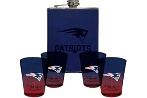 The Memory Company | Licensed NFL Team Logo Leather Wraped Flask with (4) Ombre Shot Glasses Set