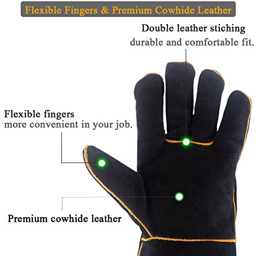 Welding Gloves Extreme Heat Resistant - BBQ Grill Baking Gloves Oven Mitts Cowhide Welder Gloves - Wear Resistant Durable - Perfect for Fireplace, Oven, Welding, Stove, Mig, Gardening - Thumbnail 4