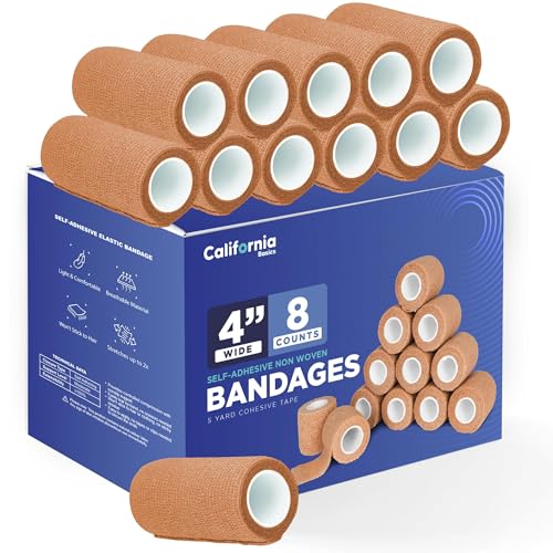 4-Zoll breite selbstklebende kohäsive Wrap Bandagen (8 Pack Bundle), 5 Yards selbstklebende nicht gewebte Bandage Bandrollen, braunes sportliches Band