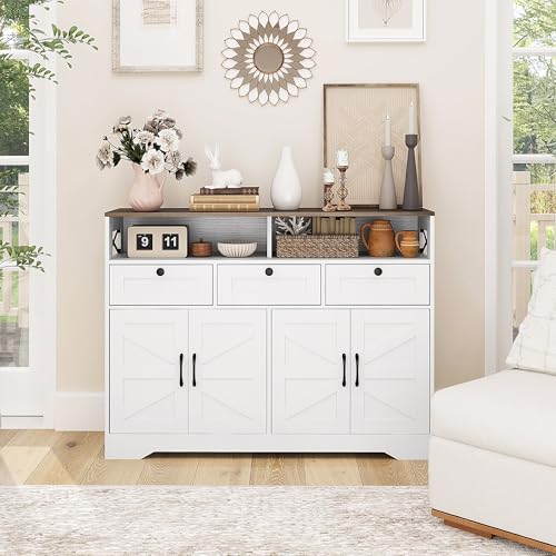 HOMCOM Sideboard Buffet Cabinet, 47" Farmhouse Kitchen Storage Cabinet with 4 Barn Doors and 3 Drawers, Coffee Bar Station with 2 Adjustable Shelves, 2 Open Shelves, White