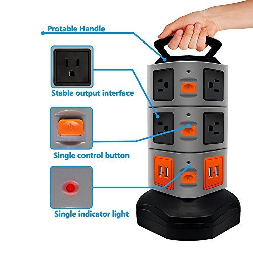 Surge Protector Power Strip, Lovin Product Safety Universal Electric Charging Station; with 10 Outlets 4 USB/Rotating Tower/ 6 feet Cord Wire Extension Power Strip Tower (10 Outlets 4 USB)