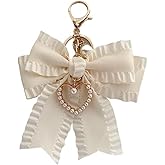 ZOONAI Ribbon Bowknot Bag Charms, Cute Pearl Heart Keyring Holder Purse Hanging Decorations Bag Handbag Pendant