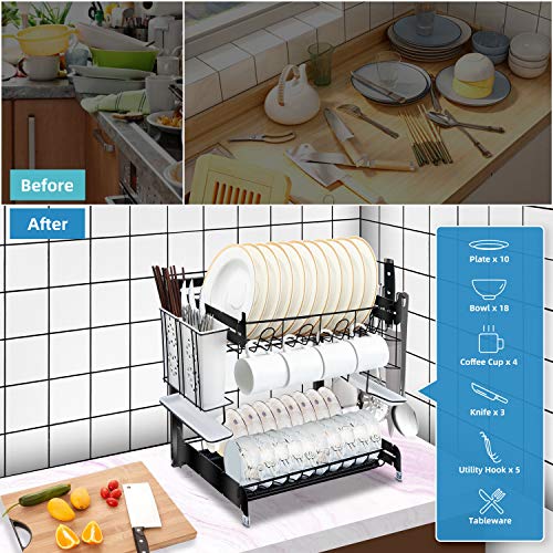 Dish Drying Rack, YIIMER Stainless Steel 2-Tier Dish Rack with Drainboard Set, Height-adjustable Dish Drainer with Utensil Holder, Knife Holder and Cup Holder for Kitchen Counter Top Black