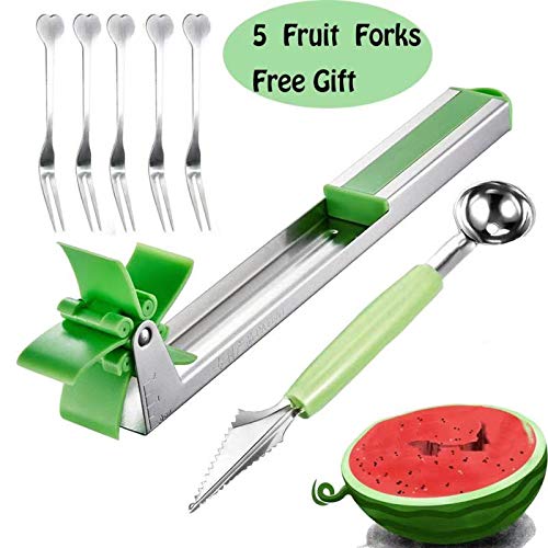EUREGIL Watermelon Cutter Windmill Shape Plastic Slicer Stainless Steel Fruit Knife Corer with Melon Baller, Original Gadgets for Home Kitchen, M, G
