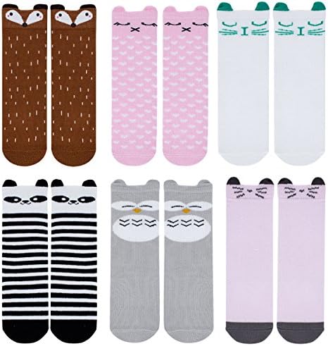 Baby Girls Boys Socks Cartoon Animal Knee High Cotton Socks with Non Skid Rubbers 6 Pairs (S, A cat fox)