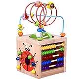 Amagoing 6-in-1 Activity Cube Multifunction Bead Maze Roller Coaster Classic Wooden Educational Toys for Kids