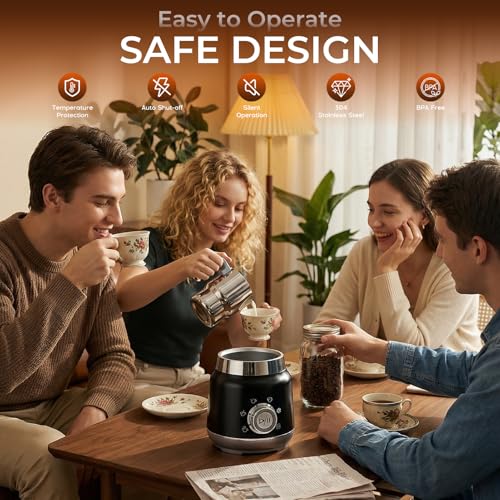 Yaskyly 6 in 1 Electric Milk Frother 560W 1L Cold Hot Foam Milk Warmer and Milk Warmer for Latte, Cappuccinos, Macchiato, Stainless Steel, Dishwasher Safe (Black)