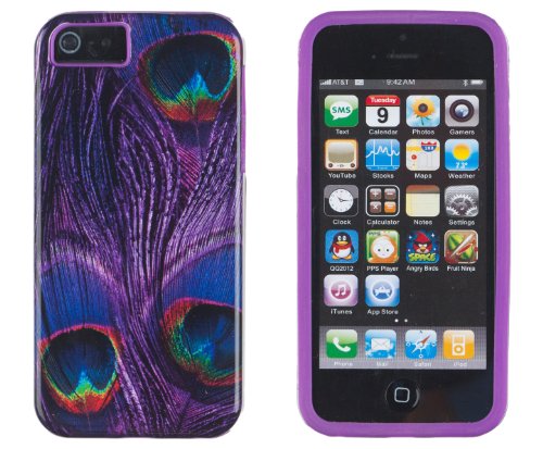 DandyCase 2in1 Hybrid High Impact Hard Purple Peacock Pattern + Purple Silicone Case Case Cover For Apple iPhone 5S & iPhone 5 (not 5C) + DandyCase Screen Cleaner
