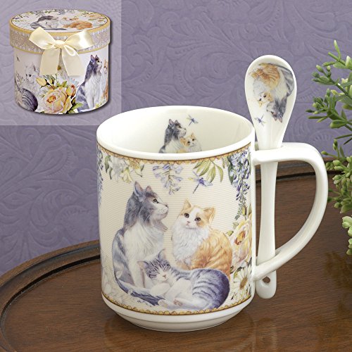 Bits and Pieces - 10 OZ Cat Mug with Teaspoon - Coffee and Tea Mug Comes in Beautiful Gift Box