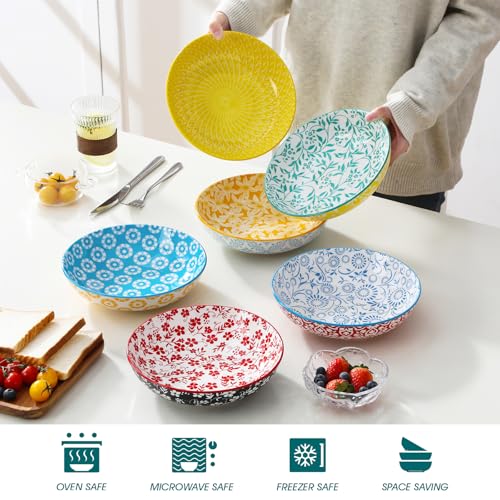 vancasso Selene 40 OZ Colorful Floral Pasta Bowls Set of 6, 1200 ML 8.5 Inch Large Ceramic Serving Bowls for Salad, Soup, Noodles, Fruit, Microwave and Dishwasher Safe Dinner Sets, House-Warming Gift