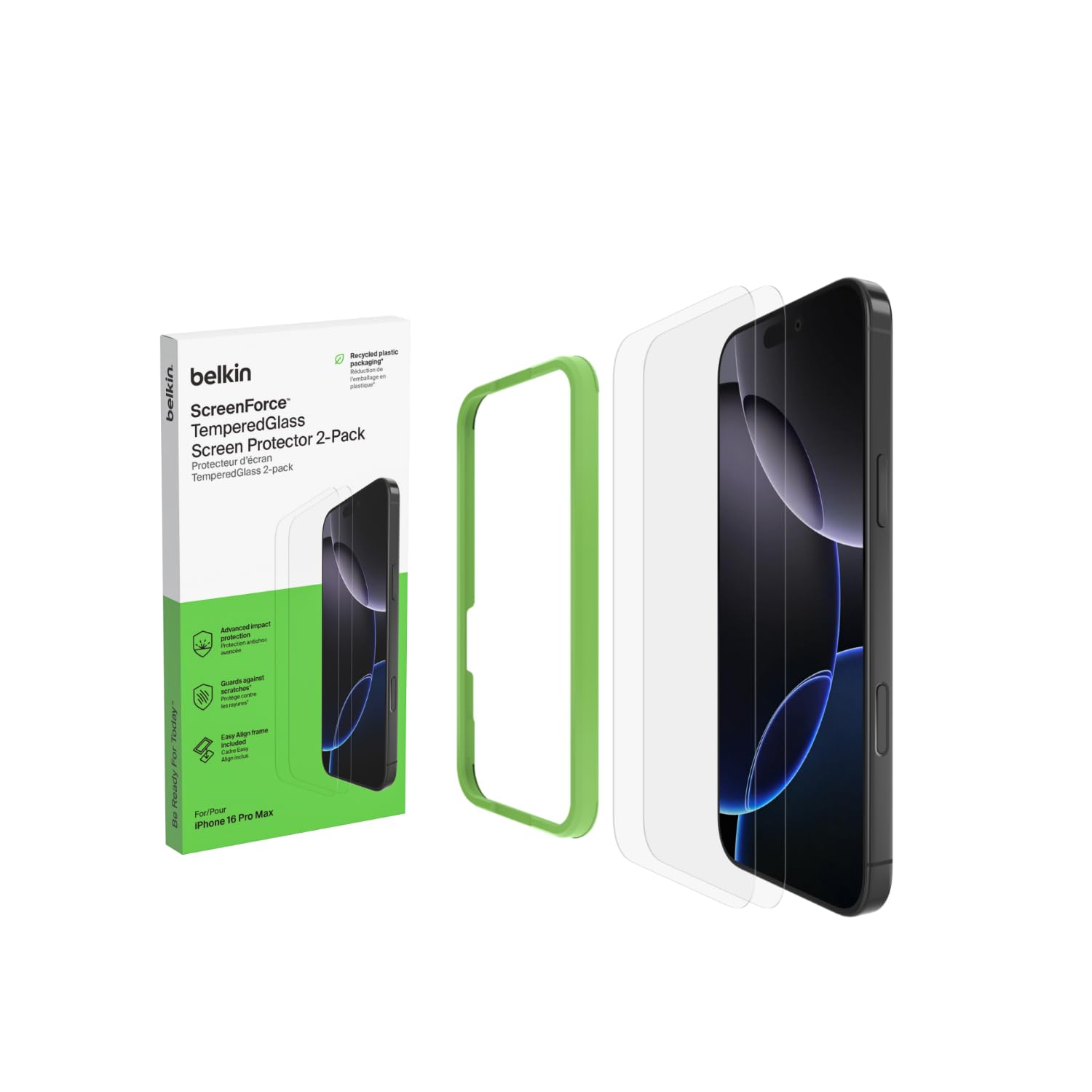 Photo 1 of Belkin ScreenForce TemperedGlass Treated Screen Protector for iPhone 16 Pro Max - Slim & Scratch-Resistant - Includes Easy Align Frame for Bubble Free Application - 2-Pack