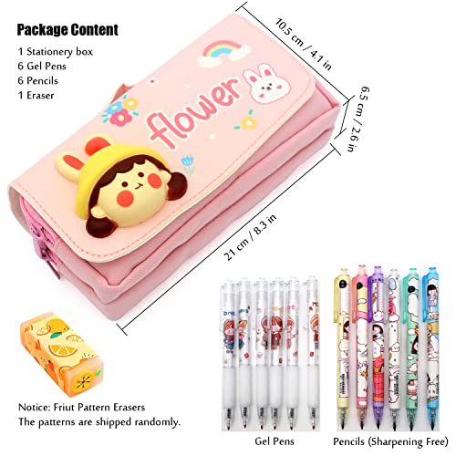 Gosytify Kids Cute Kawaii Stationery set for School Boys Girls Child Includes 1 Writing Case Box, 6 Gel Pens, 6 Pencils, Eraser (Pink)