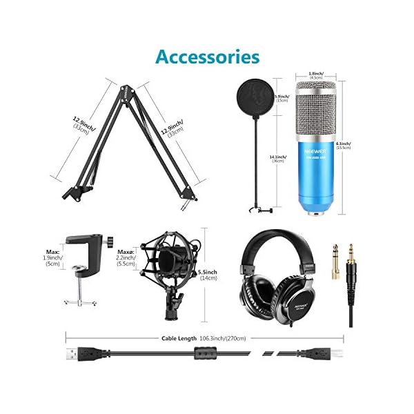 Neewer USB Mikrofon Set 192KHz/24Bit Plug&Play Nieren Kondensatormikrofon mit Monitorkopfhörern, Schaumstoffkappe… – Bild 3