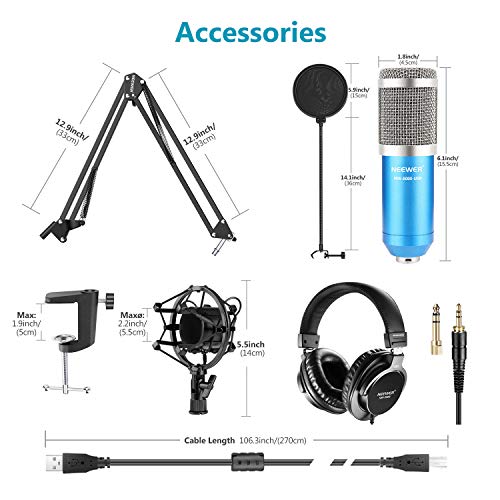 Neewer USB Mikrofon Set 192KHz/24Bit Plug&Play Nieren Kondensatormikrofon mit Monitorkopfhörern, Schaumstoffkappe… – Bild 3