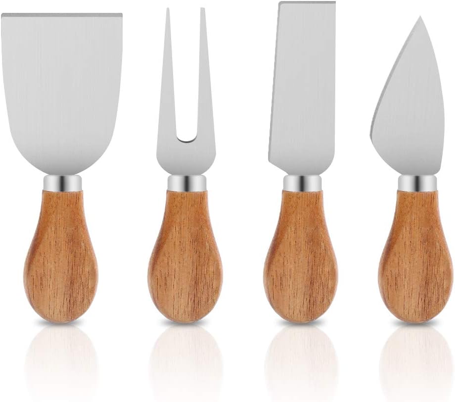 Outamateur 4 Pieces Cheese Knife Set Stainless Steel Cheese Knives, Shovel, Fork and Spreader with Wooden Handle (original set)