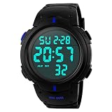 PASOY Mens Women Digital Watch Big Dial Light LED Swim Waterproof Rubber Band Alarm Black LED Watches 50MM (Blue)