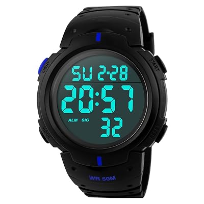 PASOY Mens Women Digital Watch Big Dial Light LED Swim Waterproof Rubber Band Alarm Black LED Watches 50MM (Blue)