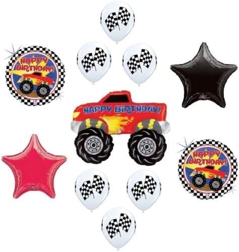 LoonBalloon BIG Wheels MONSTER TRUCK Red Flames (11) Happy Birthday Party Mylar Balloons Set