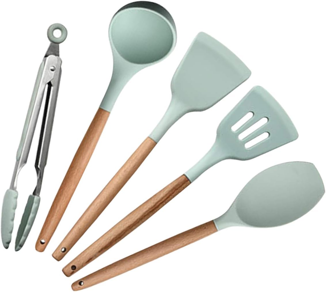 AUTIDEFY Kitchen Utensil Set, 5 Cooking Utensils Set, Easy to Clean Wooden Kitchen Utensils, Cooking Utensils for Nonstick Cookware, Kitchen Gadgets and Spatula Set - Mint Green