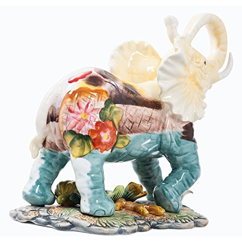 FORLONG FL6016 Ceramic Collectible Figurines Statue,3D Hand-Painted Elephant with Trunk Raised Statue Decoration(Small)