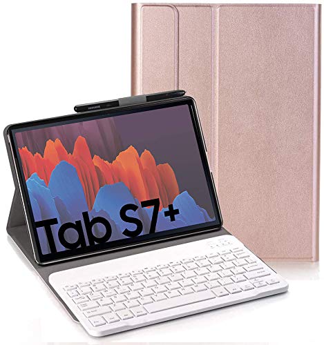RLTech Keyboard Case for Samsung Galaxy Tab S7+ - (QWERTY Layout) Ultra Slim Flip with Removable Wireless Keyboard Stand Case for Samsung Galaxy Tab S7+ 12.4" T970/975/976 2020, Rose gold