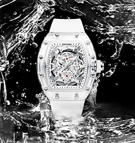 Gosasa Fashion Hollowed Men Watches Tonneau Transparent Analog Display Silicone Strap Calendar Quartz Waterproof Trend Male Wrist Watch