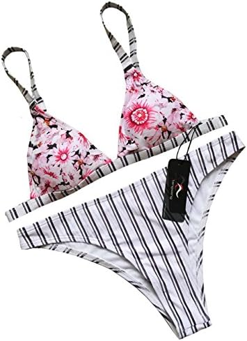 Tengweng Women's Sexy Two Piece Floral Print Bikini Set Push Up Striped Swimsuit M Floral
