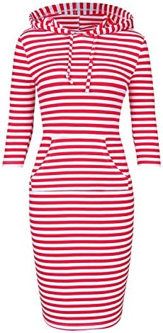 Women Hooded Sweatshirt Pullover Stripe Keen Length Kangaroo Pocket Sports Dress (XXL, Red White)