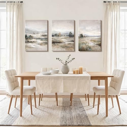3 Pcs Abstract Fog Field Modern Pictures Decoration With Frame, Blue Beige Mountains Landscape Picture and Prints Retro Tranquility Marisma Decorative Canvases Home for Living Room Bedroom 50 x 70 cm