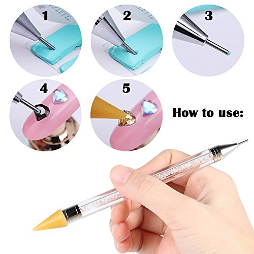 Dual Ended Nail Rhinestones Picker Pencil Dotting Pen Nail Art Design Studs Picker Crystal Beads Acrylic Handle Stainless steel and Wax Double Head Manicure Tool with Travel case (1pcs)