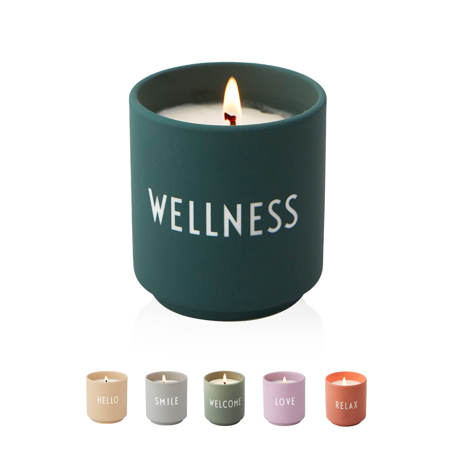 Design Letters Scented Candle Small Wellness DGreen - Calm scent of spring flowers, wood & notes of fruit, 100% soy wax, 51 hours burning time, recyclable porcelain cup, Gift for Her Mum or Girlfriend