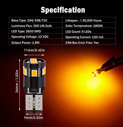 BRISHINE 300LM Extremely Bright Canbus Error Free 194 168 2825 192 W5W T10 LED Bulbs Amber Yellow 9-SMD 2835 LED Chipsets for Side Marker Turn Signal Blinker Map Door Parking Lights (Pack of 4) - Thumbnail 2