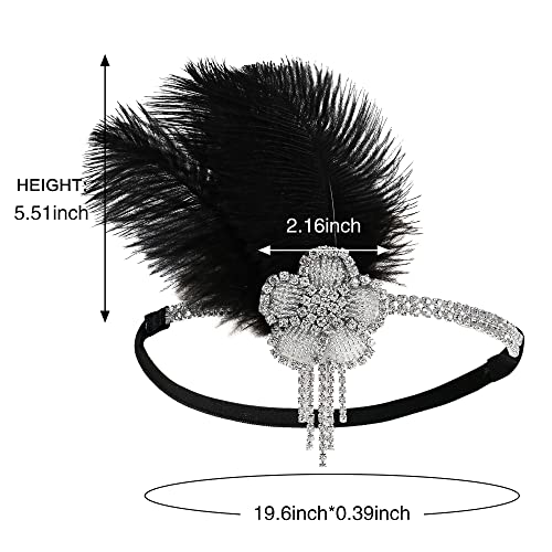 bdzyh Rhinestone Feather Flapper Headband for Women, Retro Black 1920s Hair Band, Great Gatsby Inspired Sparkle Costume Accessories
