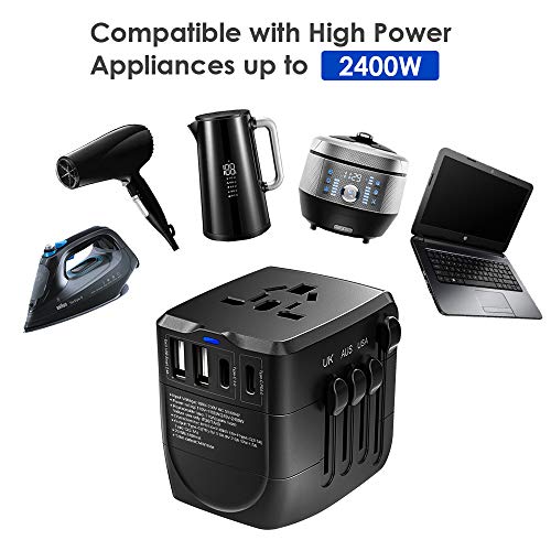 Travel Adapter, 2400W International Power Adapter,1 Type-C PD 3.0 & 1 Smart Type-C & 2 USB All in One Power Plug Adapter for High Power Appliances for UK, EU, AU, US, Over 200 Countries (Black) - Thumbnail 3